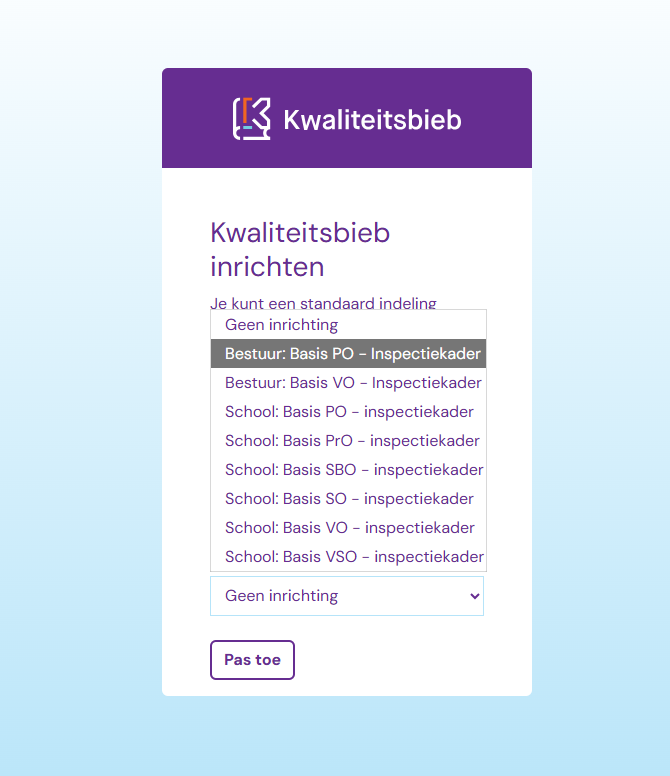 Keuzelijst met Kwaliteitsbieb-templates voor verschillende schoolsoorten